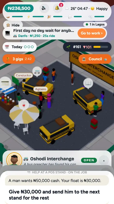 A job decision at a POS stand in Oshodi: a customer wants ₦50,000 cash but the float is ₦30,000